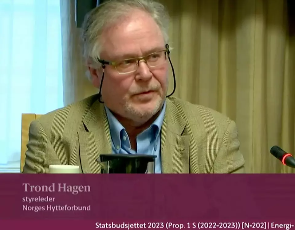 Trond G. Hagen, styreleder i Norges Hytteforbund i høringen i Stortinget 20. oktober.