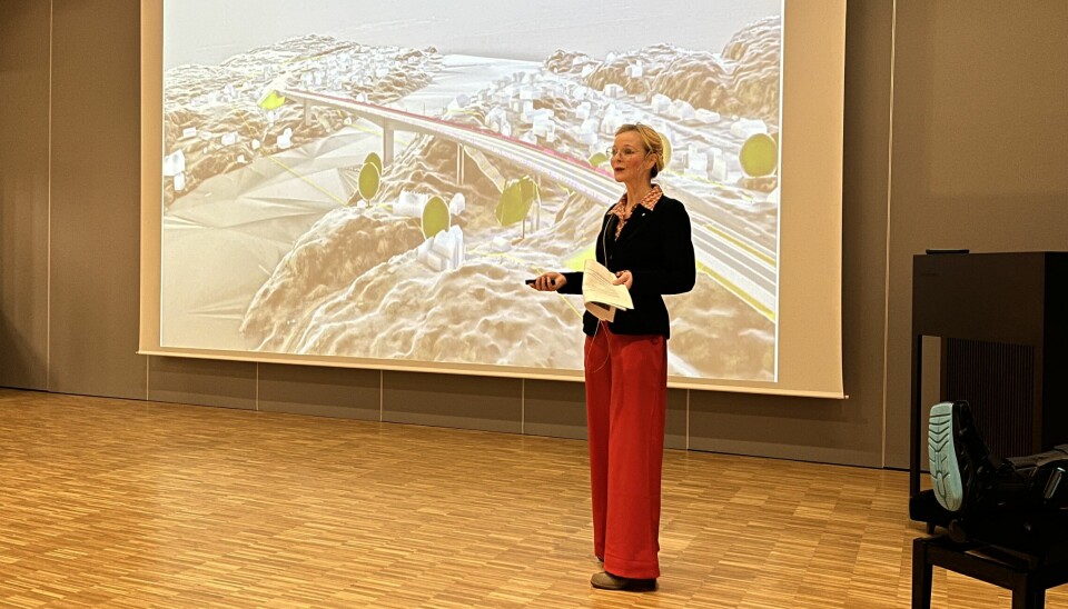 Ordfører Mona Vauger presenterte bruprosjektet over Kjøkøysund for folkemøtet på. skolen tirsdag kveld.