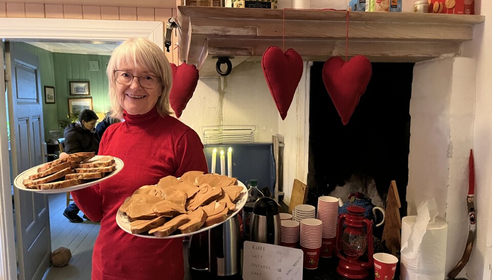 Anne Lise Eriksen holdt fortet inne på kjøkkene i hovedbygningen. Her kunne hun friste med hjemmebakt julekake og fyrstekake - og kaffe, selvsagt.